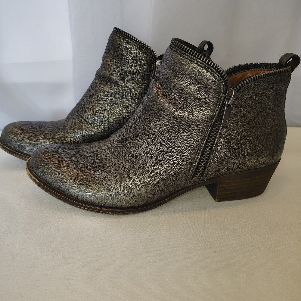 Lucky Brand Women’s 9.5 Metallic Pewter Leather Ankle Booties Double Zip boots